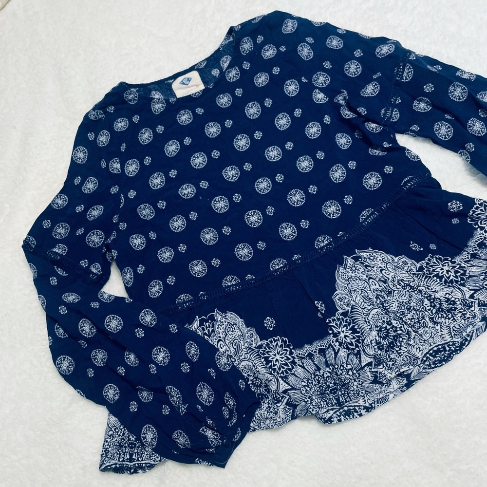 Boho Balloon-Sleeve Top, Navy Blue and White, Bohemian